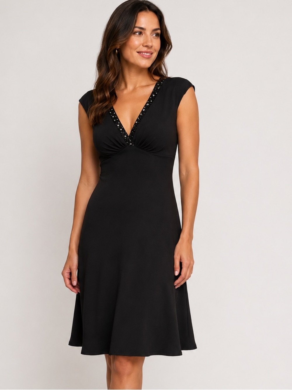 Jones New York Black Beaded V-Neck Midi Dress - Picture 1 of 5